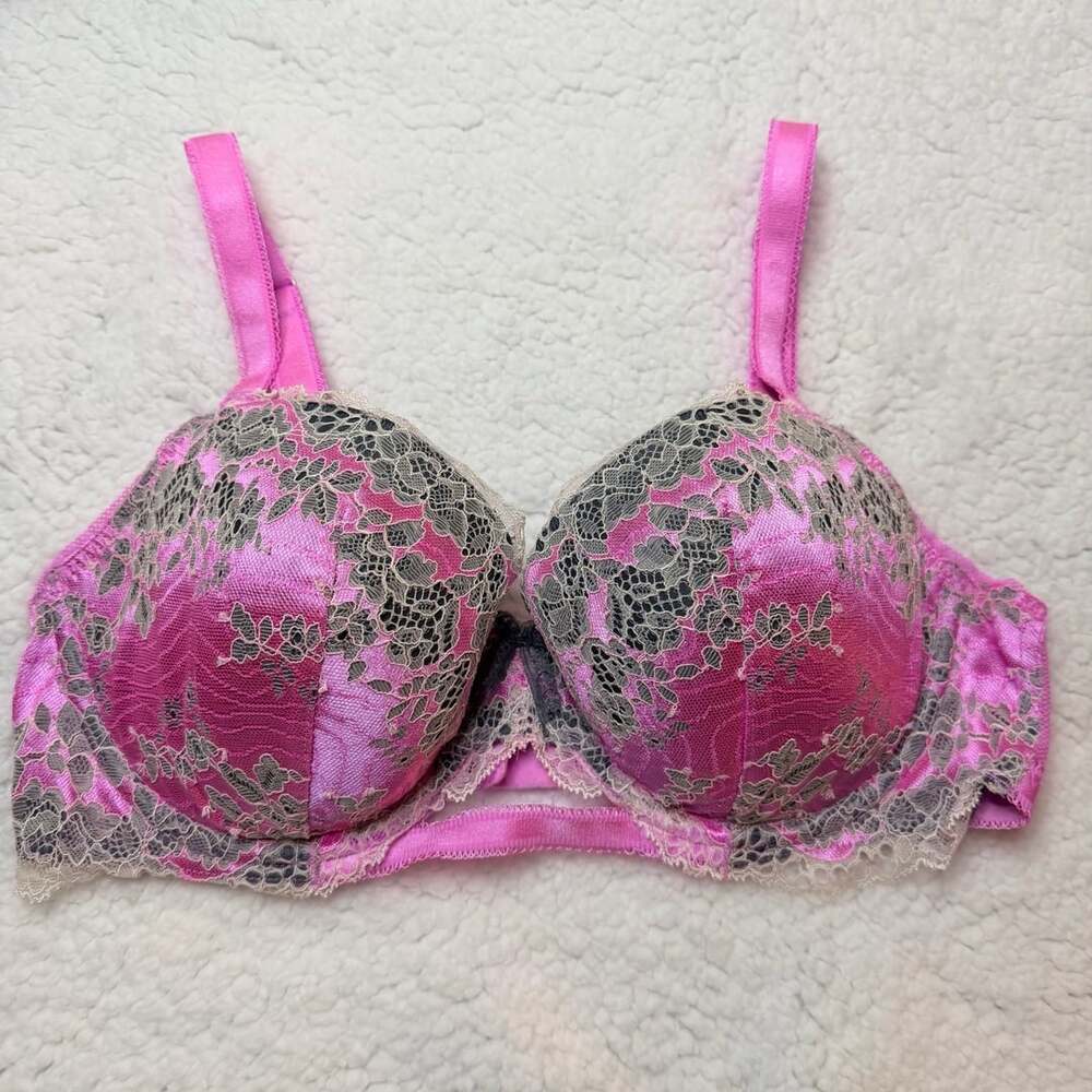 Victorias Secret 34DD Bra Lined Demi Dream Angels Pink Gray Lace Floral